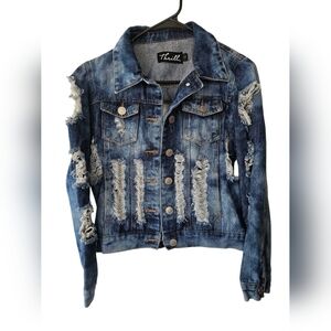 Thrill Distressed Blue Denim Jacket Sz Lg Like New